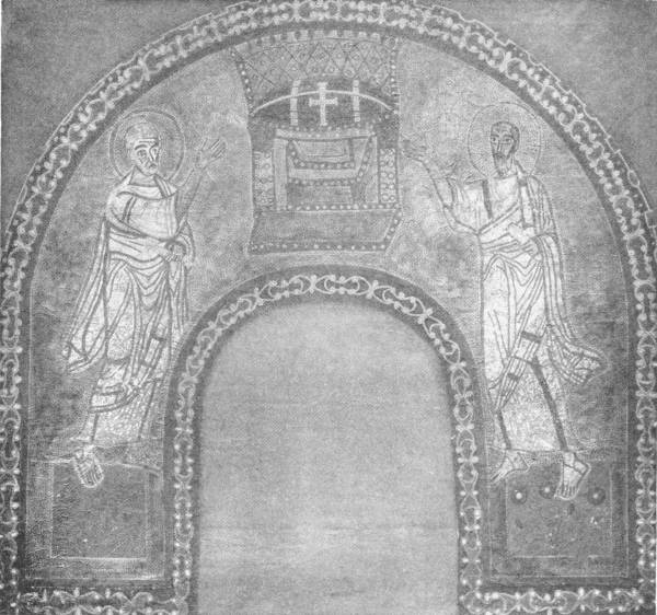 MOSAIC OF SS. PETER AND PAUL POINTING TO A THRONE, ON GOLD BACKGROUND