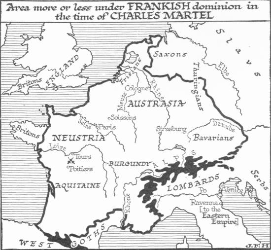 Map: Area more or less under Frankish dominion in the time of Charles Martel