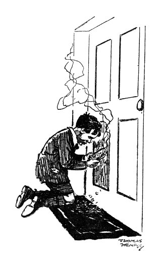 William kneeling behind his door, with a curl of smoke rising from it.