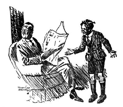 William standing in front of his father, who is seated in an armchair with a newspaper